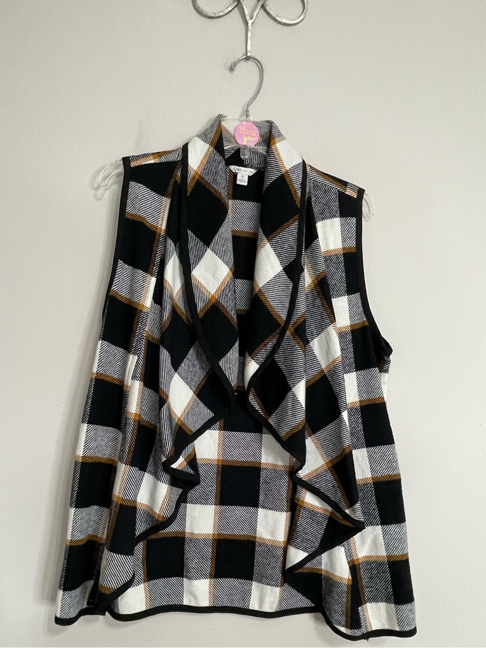 Cato Black White & Gold Plaid Open Front Vest~ Sz medium~ Business Casual